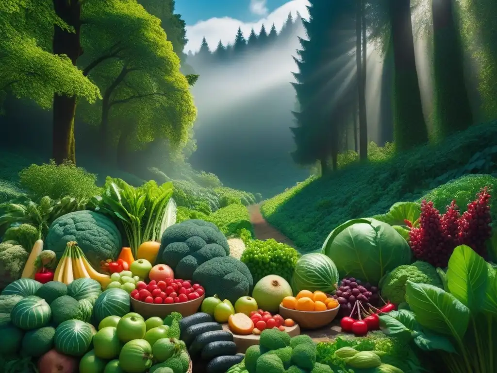 Un bosque exuberante lleno de frutas y verduras, simbolizando la importancia de la nutrición vegana en el ambiente