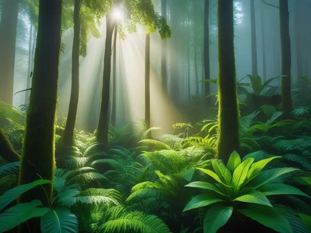 Un bosque exuberante con luz solar filtrándose entre el dosel, mostrando una diversidad de plantas vibrantes y vida silvestre