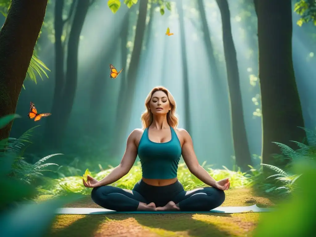 Un bosque exuberante con luz solar filtrándose, una figura practicando yoga rodeada de mariposas coloridas