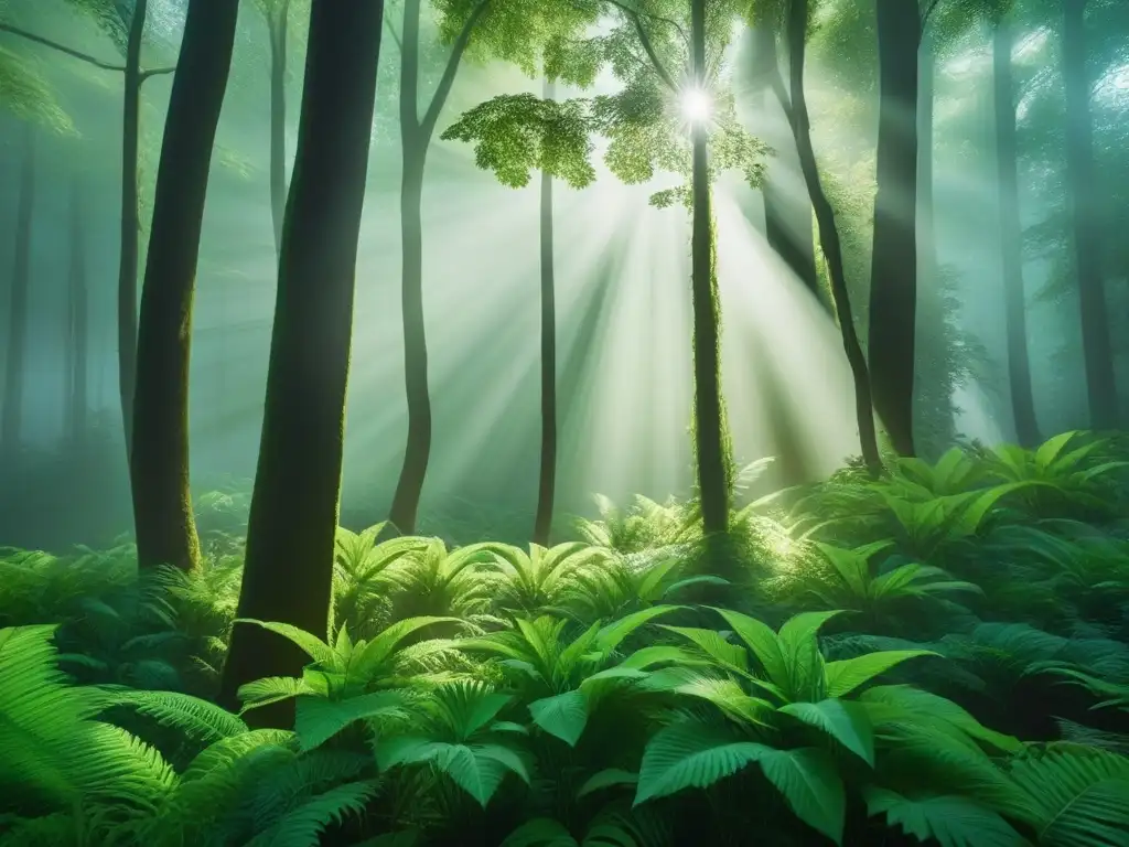 Un bosque exuberante con luz solar filtrándose entre el denso dosel, reflejando la belleza de la naturaleza en su estado puro