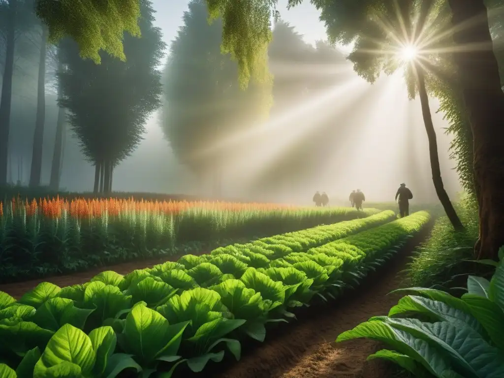 Un bosque exuberante rebosante de vida, donde la diversidad vegetal se entrelaza con personas comprometidas en actividades sostenibles