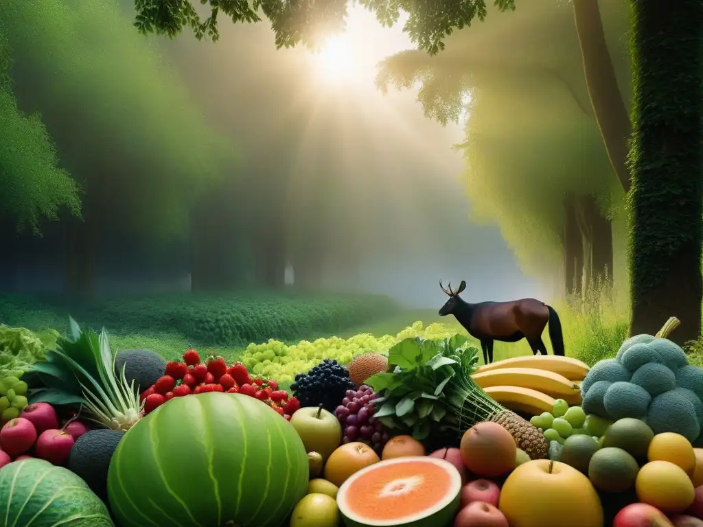 Un bosque exuberante rebosante de vida vegetal y animal, simbolizando armonía entre naturaleza, animales e individuos en un estilo de vida vegano