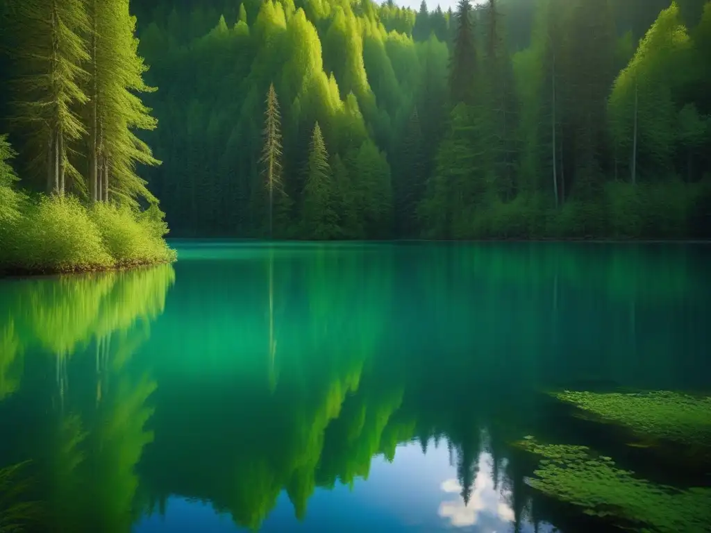 Un bosque exuberante reflejado en un lago cristalino, transmitiendo calma y armonía