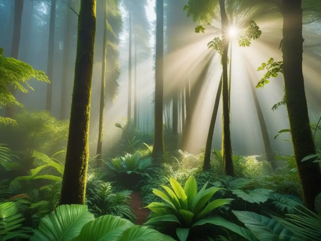 Un bosque exuberante y vibrante en un ecosistema vegano sostenible, con una diversidad de plantas y vida silvestre