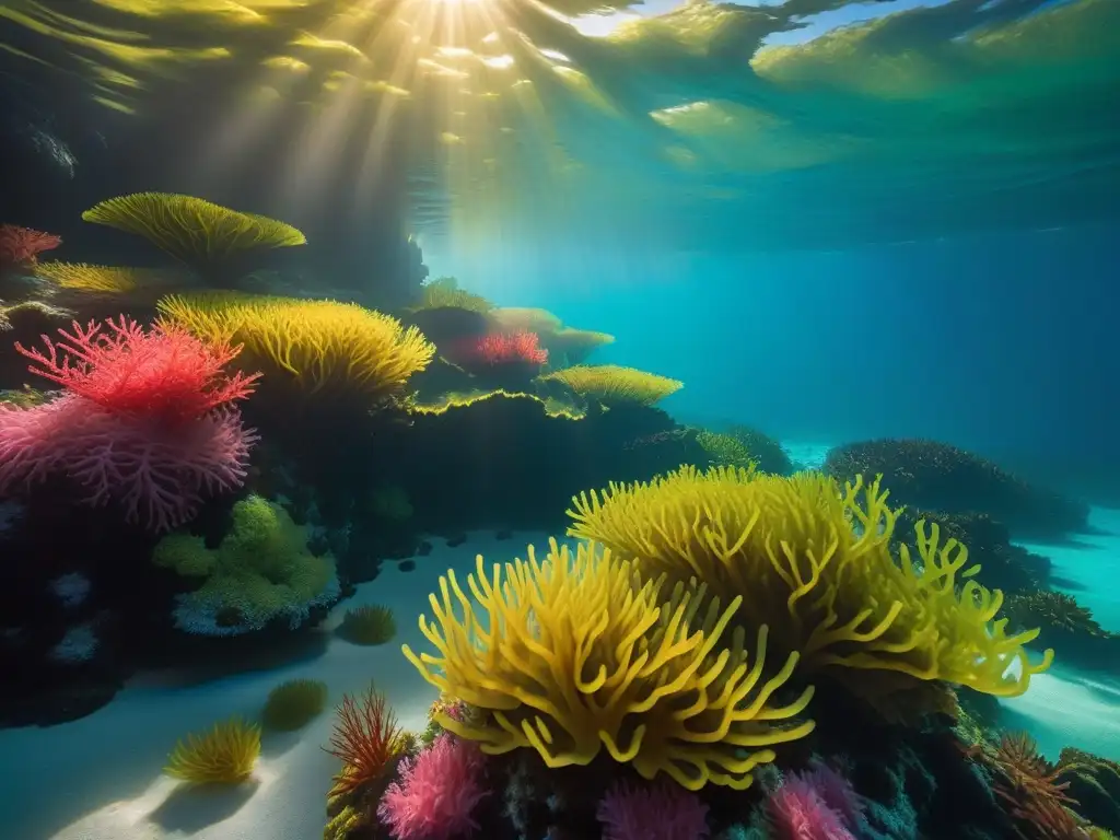 Un bosque submarino de algas vibrantes y coloridas, resaltando la belleza natural