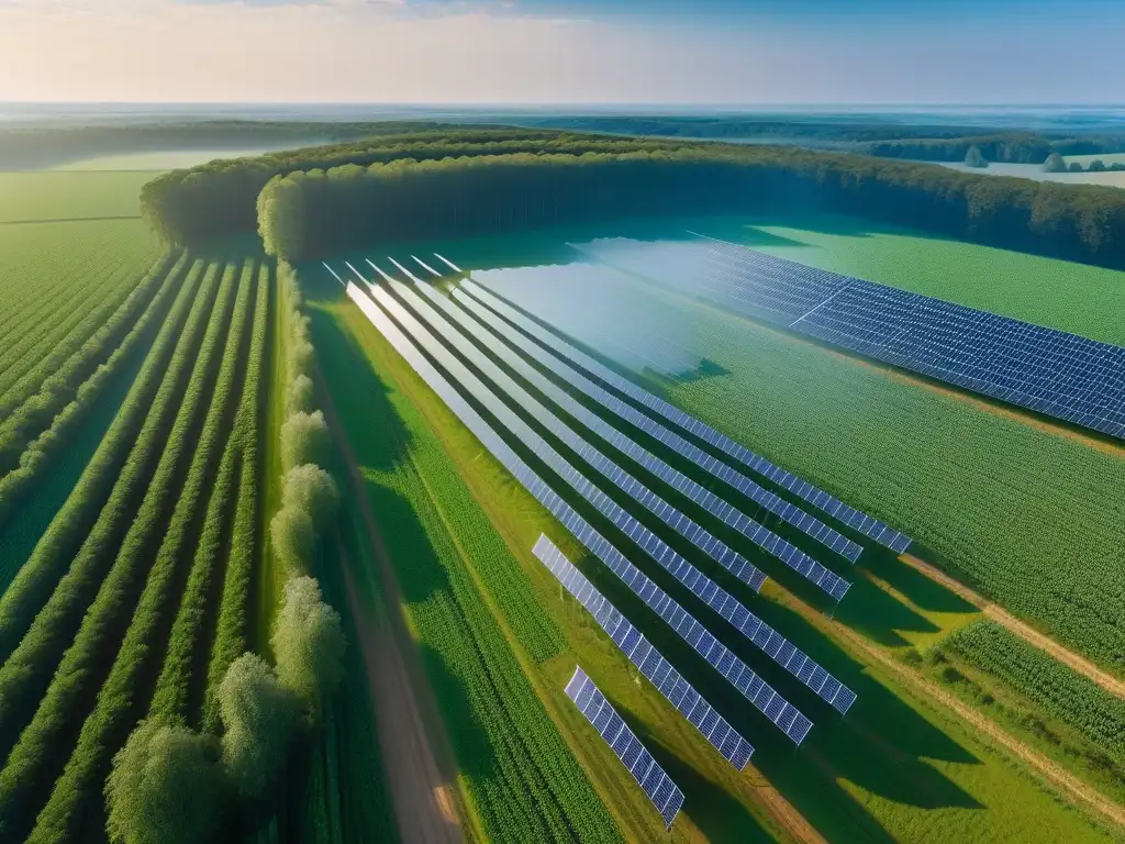 Un bosque verde y exuberante se funde con un campo de paneles solares, reflejando la armonía entre veganismo y energía sostenible