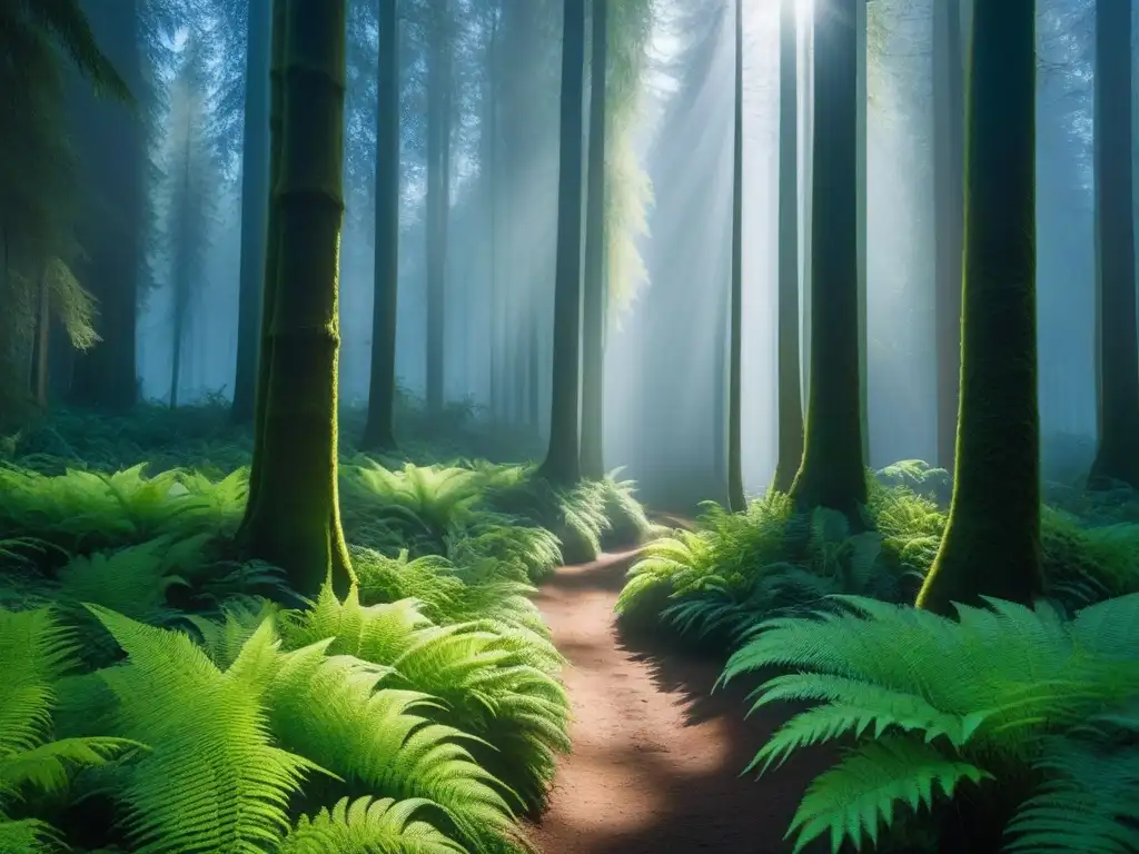 Bosque verde exuberante bajo cielo azul claro, con luz solar filtrándose entre las hojas, creando un efecto moteado en el suelo