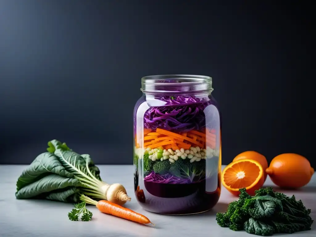 Tarro de cristal con fermentación vegana colorida y saludable Bote de vidrio con capas de vegetales fermentados en cocina vegana sin aceite, mostrando la belleza de la fermentación