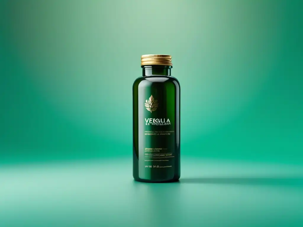 Botella de suplemento vegano de alta gama con ingredientes orgánicos como espirulina, semillas de chía y cúrcuma, en un elegante diseño minimalista