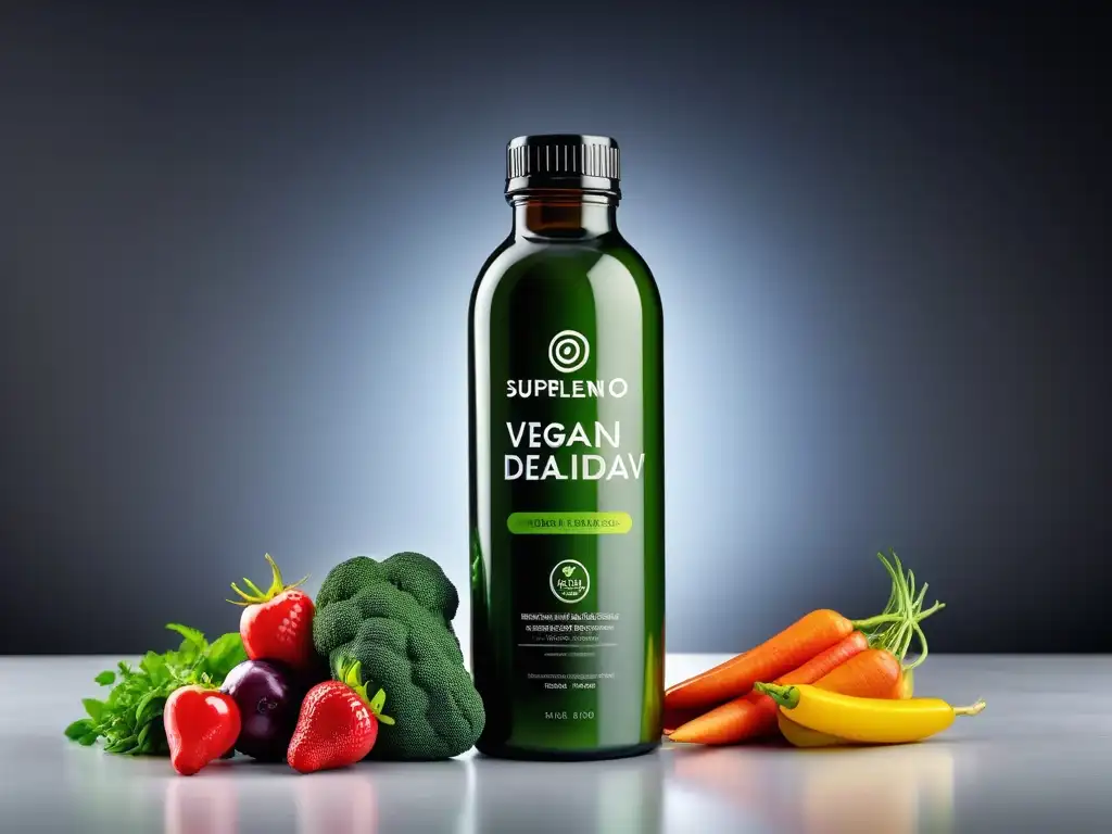 Botella de suplemento vegano de calidad rodeada de frutas y verduras frescas vibrantes