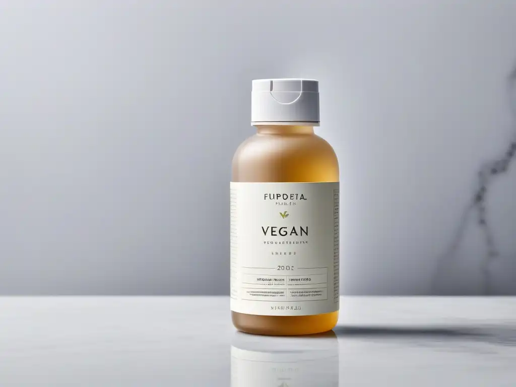 Botella de suplementos veganos para piel y cabello en mármol iluminado, con diseño elegante y natural