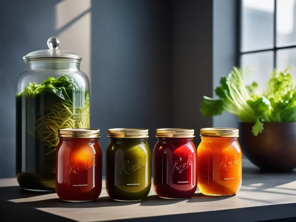 Botes de ingredientes fermentados en cocina vegana: kimchi, chucrut y kombucha, iluminados por la luz del sol