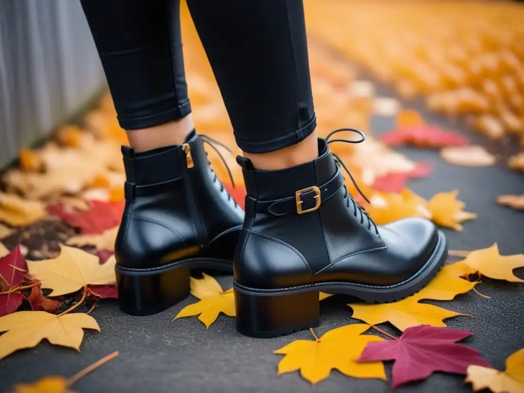 Botines negros veganos en otoño, destacando entre hojas coloridas