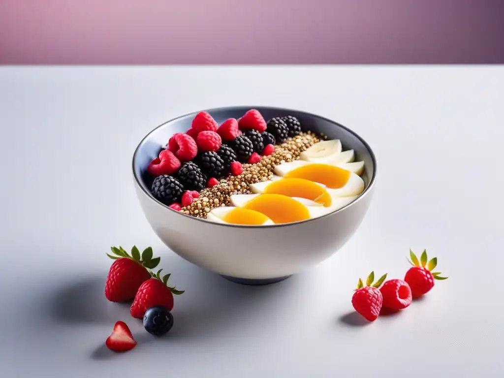 Deléitate con un bowl de açai vegano repleto de frutas frescas y semillas, en un escenario moderno iluminado