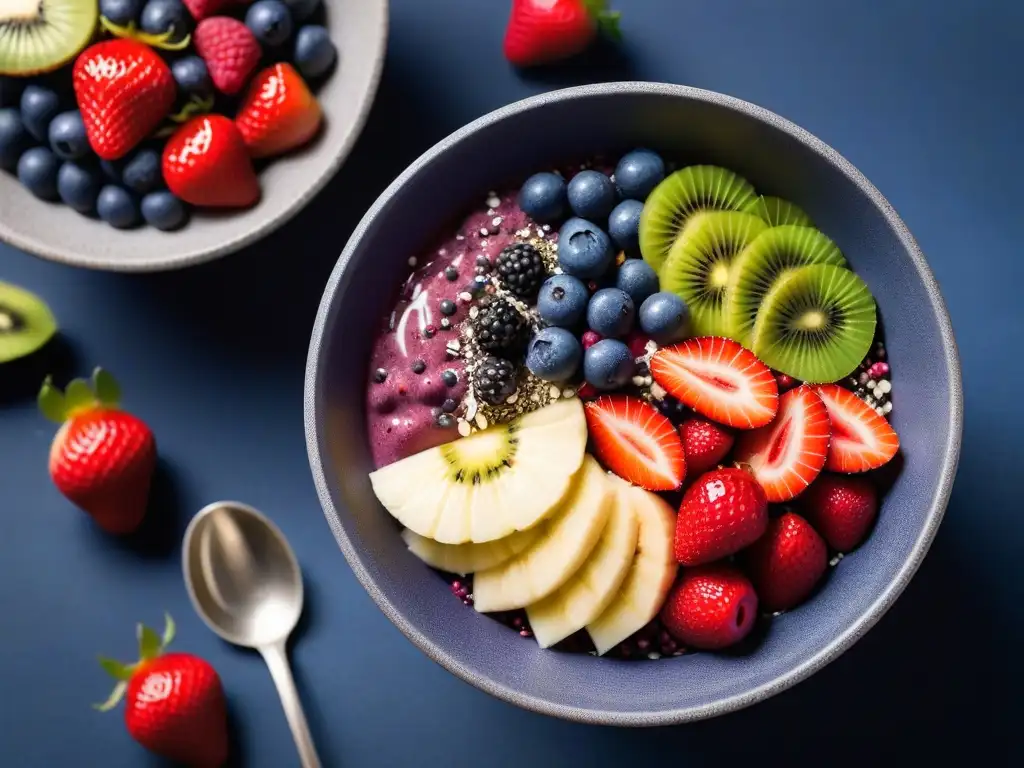 Deléitate con un bowl de açai vegano, repleto de frutas frescas y chía, en un escenario moderno