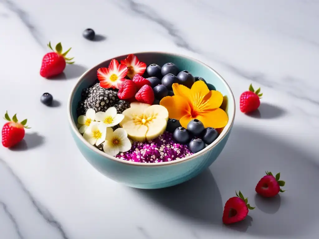 Un bowl de açaí colorido con frutas frescas, coco, chía y flores comestibles en una encimera de mármol, con luz natural