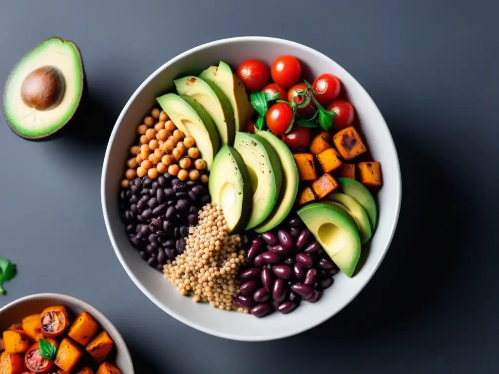 Un bowl colorido de legumbres veganas saludables y deliciosas en un plato blanco sobre fondo de piedra gris