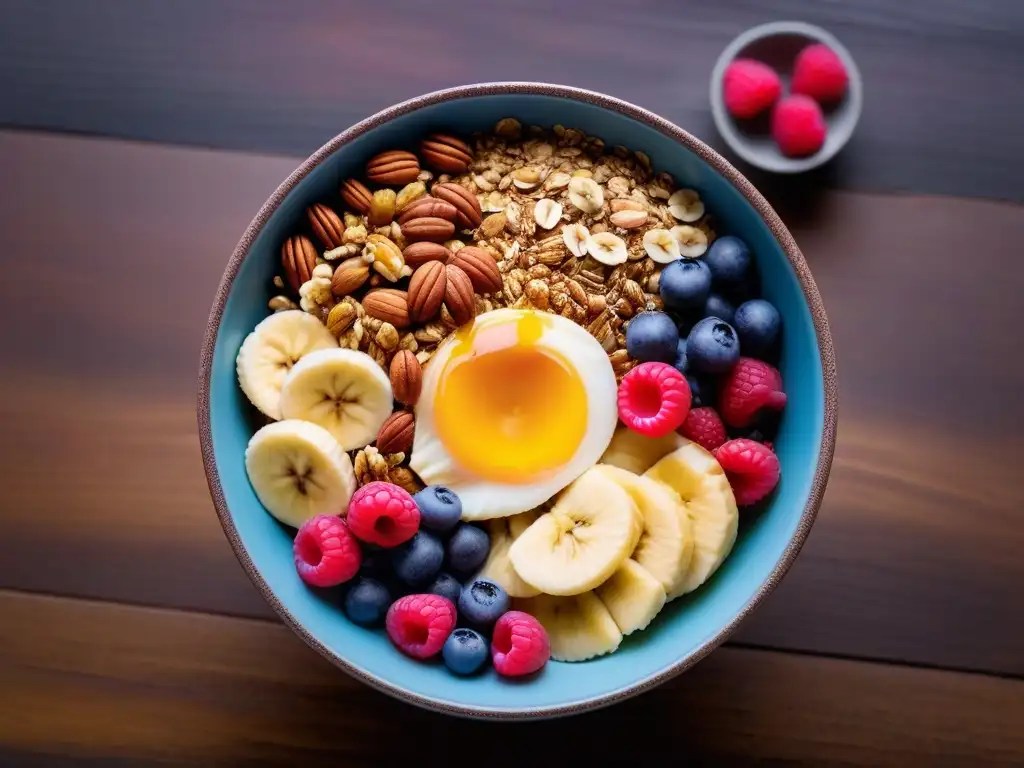 Un bowl de desayuno vegano con frutos secos, granola colorida, frutas frescas y miel dorada