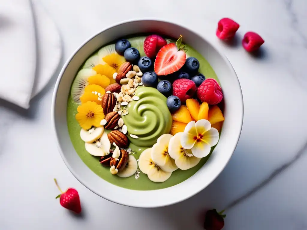 Un bowl de smoothie matcha premium vegano con frutas, nueces y flores comestibles en mármol blanco