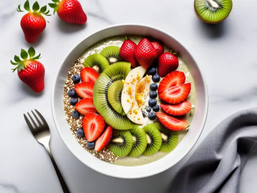 Un bowl de smoothie vibrante con kiwi, fresas, chía, coco y miel, sobre mármol