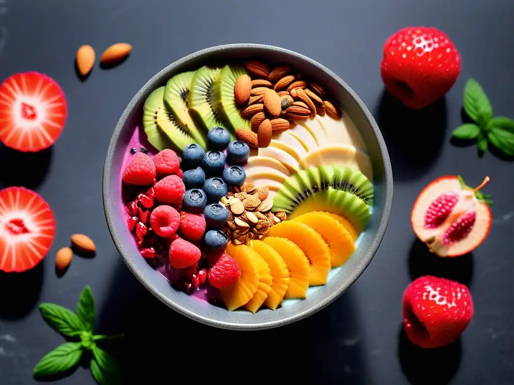 Un bowl de smoothie vibrante con superfoods veganos para mejorar la digestión, sobre mármol elegante