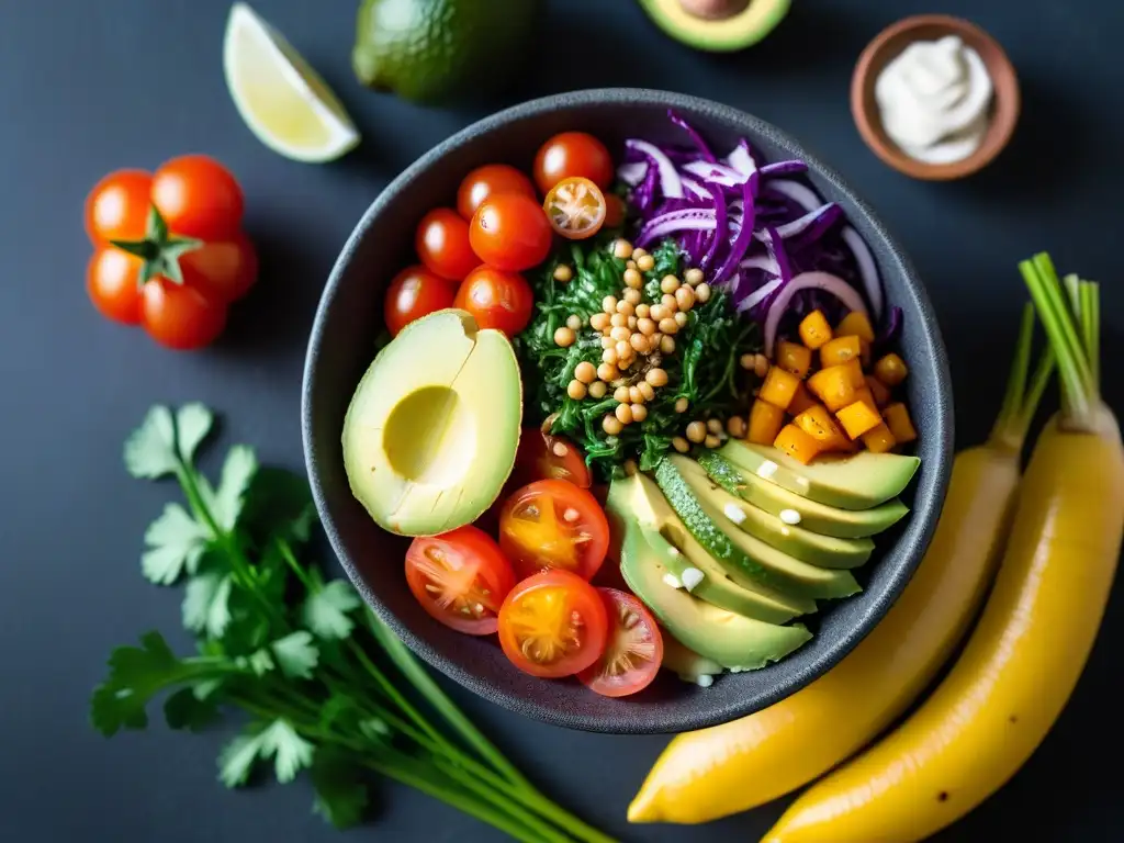 Un bowl vegano sin aceite rebosante de coloridas verduras frescas, aderezado con vinaigreta cítrica