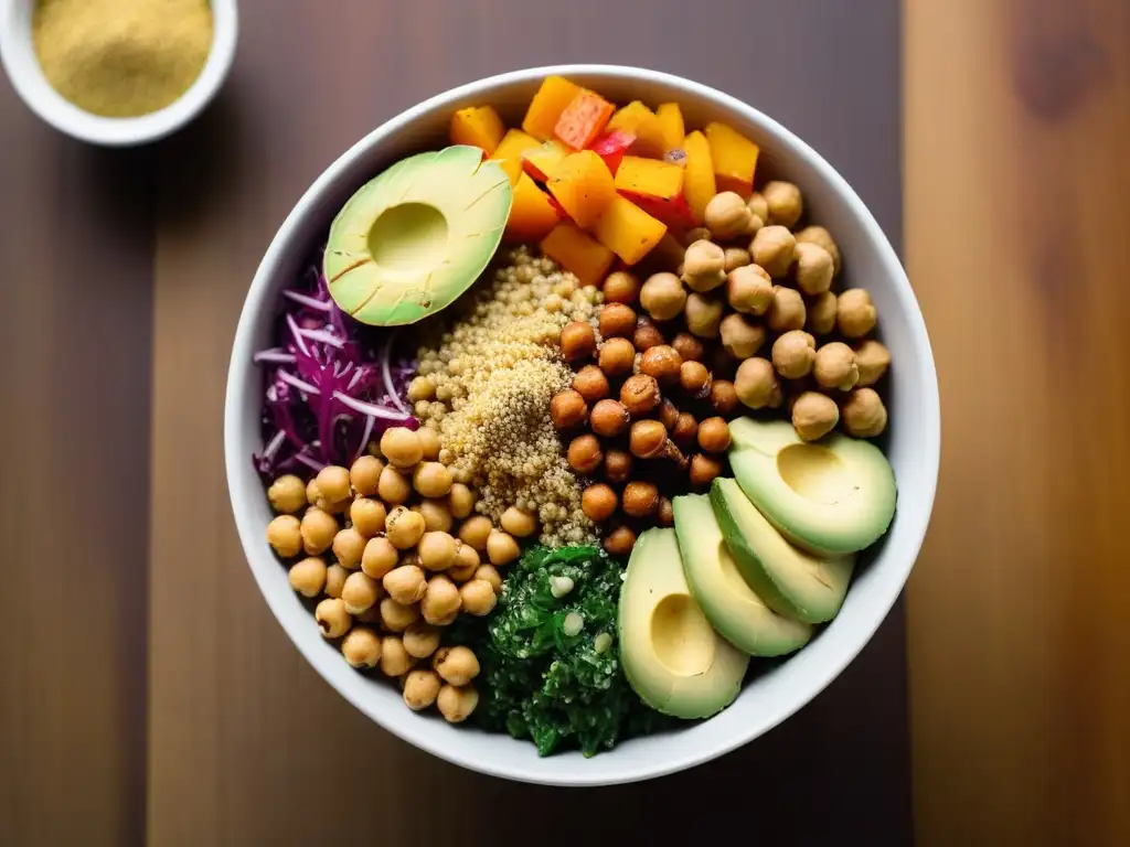 Bowl vegano colorido con quinoa, aguacate, verduras, garbanzos y levadura nutricional