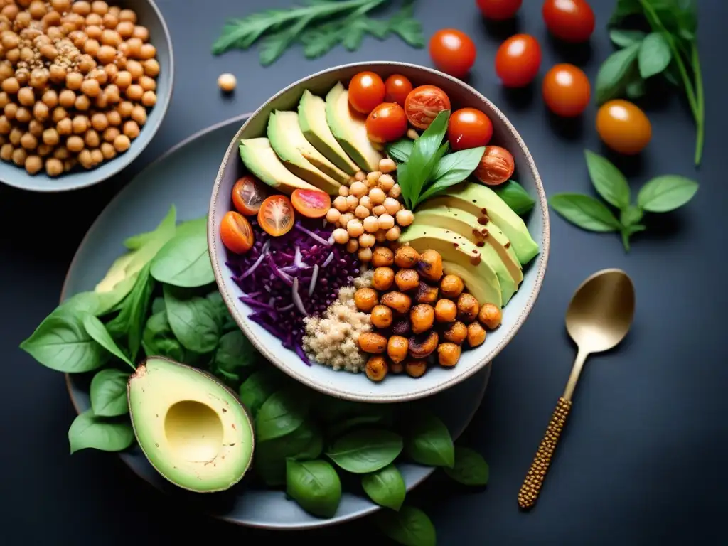 Un bowl vegano sin gluten con ingredientes coloridos y texturas vibrantes