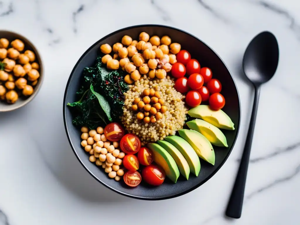 Buddha bowl vibrante con ingredientes orgánicos y coloridos Bowl vegano gourmet con ingredientes frescos y coloridos en plato negro sobre mármol blanco - Recetas veganas gourmet para almuerzos