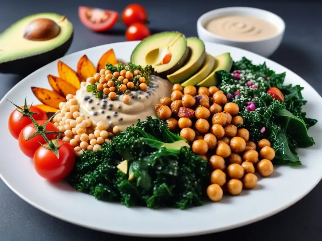 Un bowl vegano lleno de colores y texturas con quinoa, tofu, aguacate, chía y aderezo de tahini en un plato blanco moderno