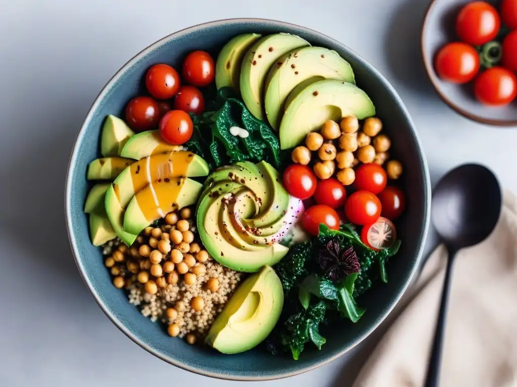 Un bowl vegano minimalista con ingredientes frescos y coloridos