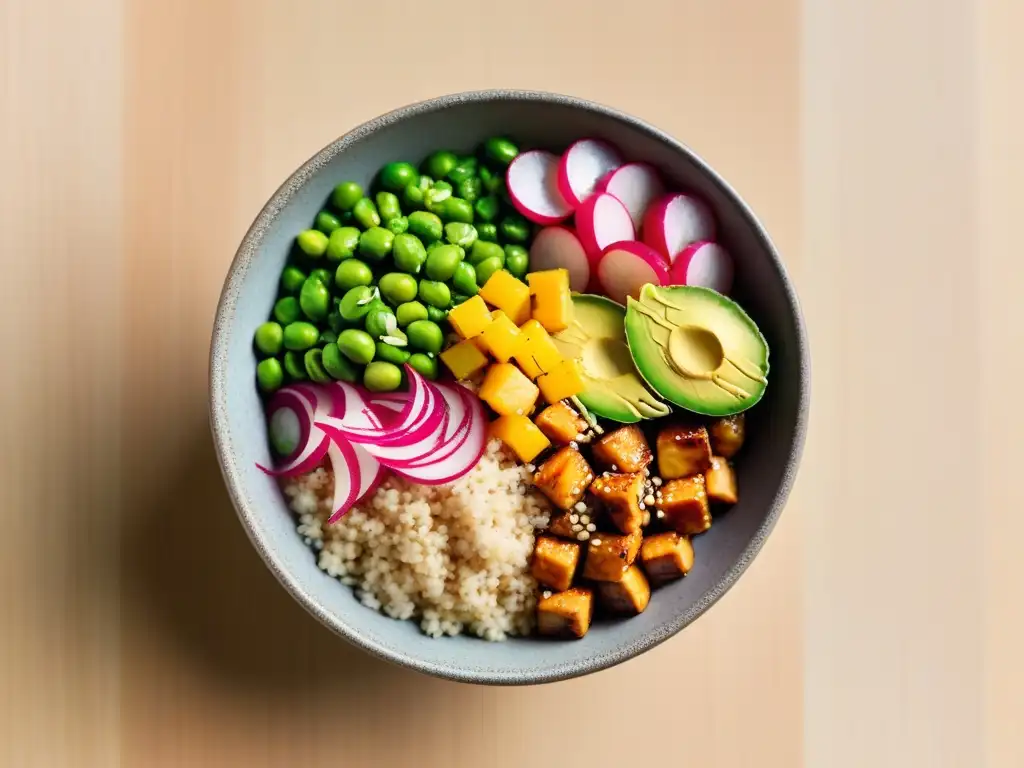 Un bowl vegano moderno y vibrante con tofu, aguacate, edamame, rábanos encurtidos y semillas de sésamo sobre quinua, bañado en aderezo cítrico de miso