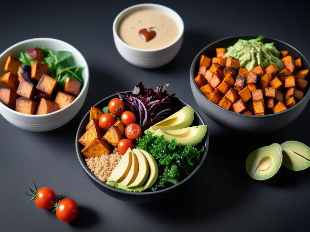 Un bowl de fast food vegano saludable: fresco, colorido y apetitoso, con ingredientes vibrantes y una presentación moderna