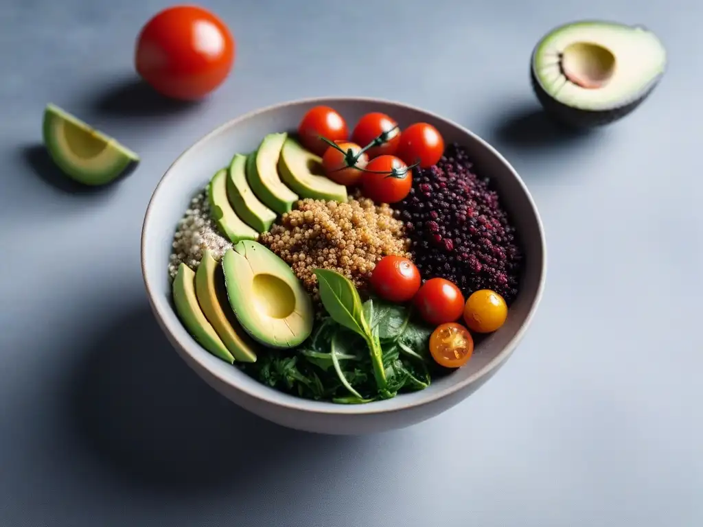 Un bowl vegano vibrante con quinoa, aguacate, tomates y proteína de cáñamo