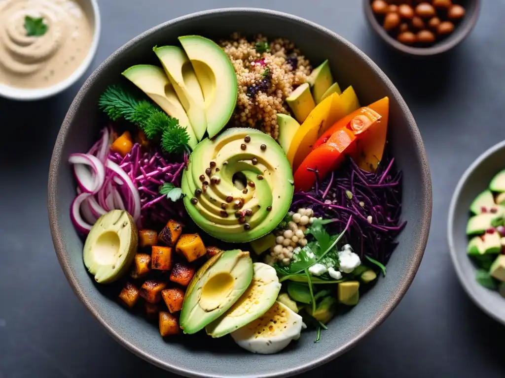 Deléitate con un bowl vegano vibrante y meticulosamente arreglado en un elegante mostrador de mármol