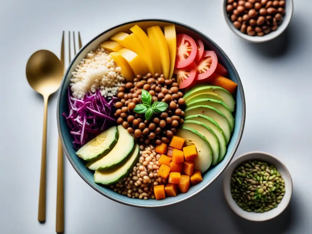 Un bowl vegano vibrante y colorido, con ingredientes frescos y variados, en una presentación moderna