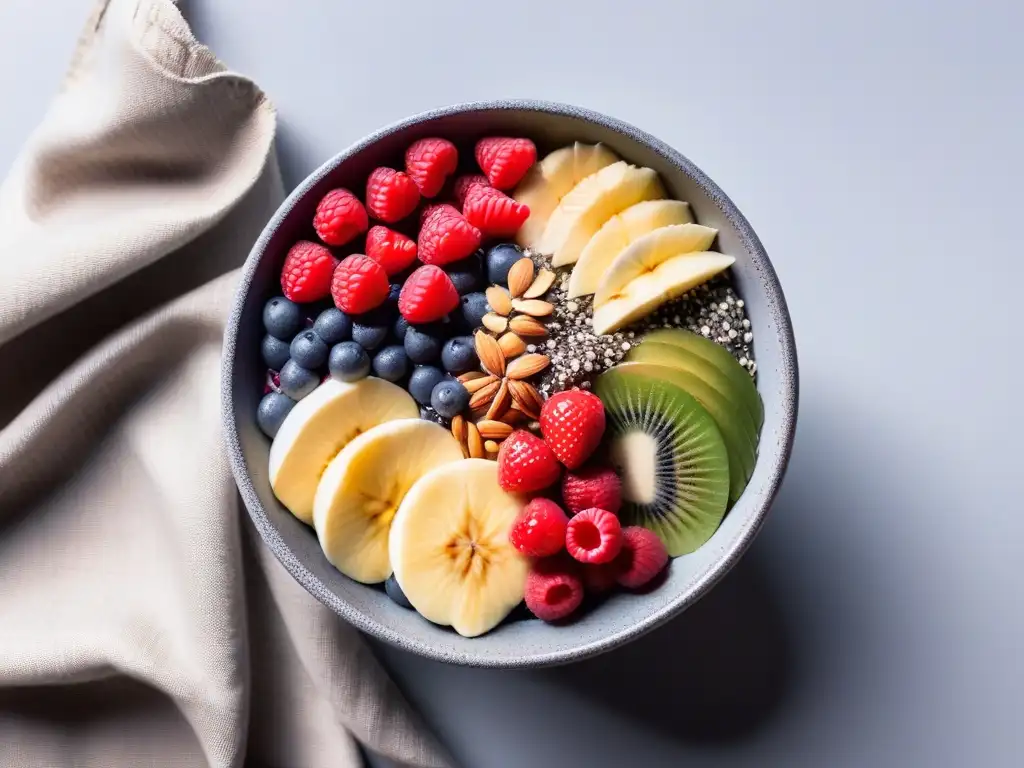 Un bowl vibrante de açai con frutas, semillas y superfoods veganos para combatir estrés