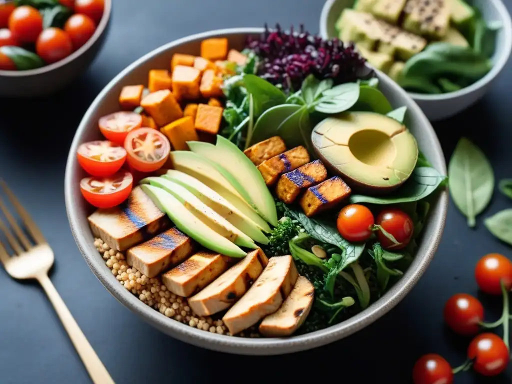 Un bowl vibrante de cocina vegana con tofu: tofu y tempeh en quinoa y verduras, aguacate, tomates y batatas