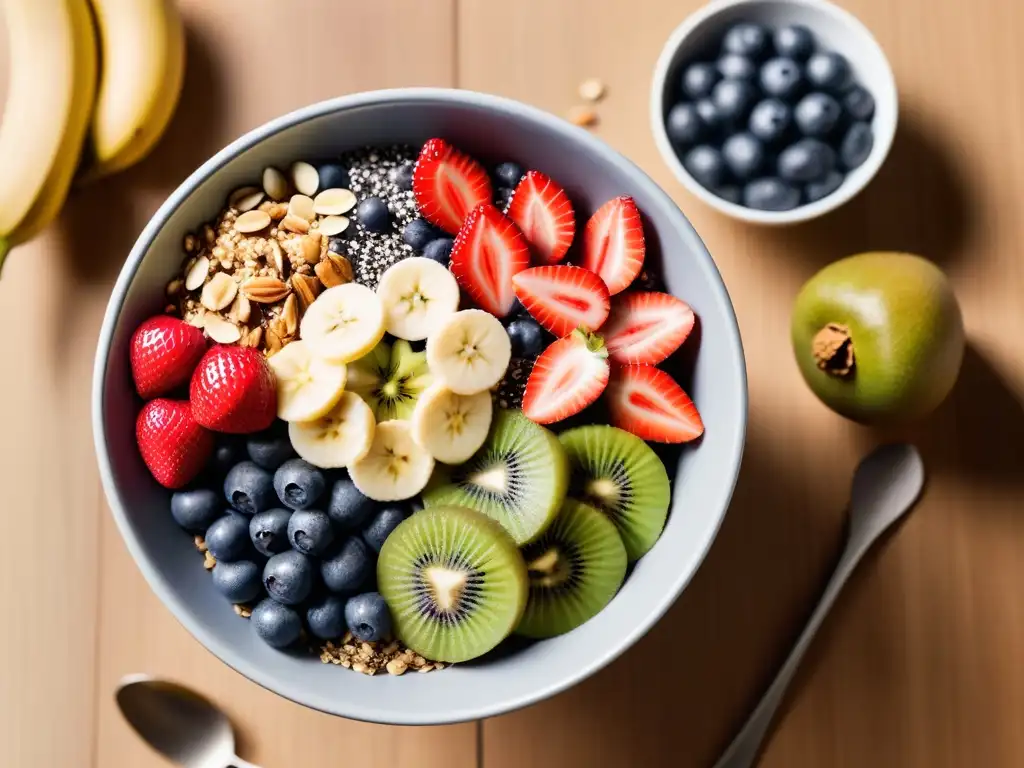 Un bowl de açaí vibrante y colorido con frutas frescas, chía, almendras y miel