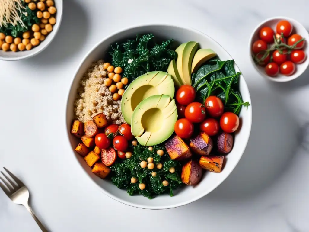 Un bowl vibrante y colorido lleno de ingredientes frescos y nutritivos sobre una encimera de mármol