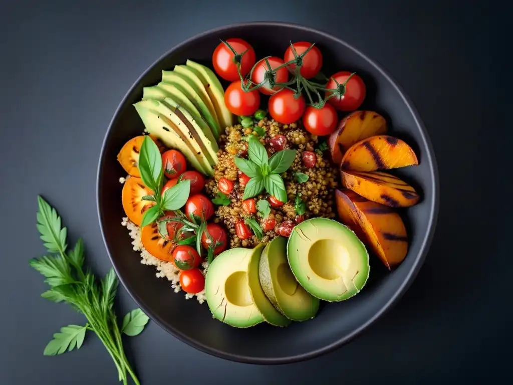 Un bowl vibrante y detallado con batata asada, quinoa, aguacate, tomates cherry y hierbas frescas en un plato de cerámica oscuro