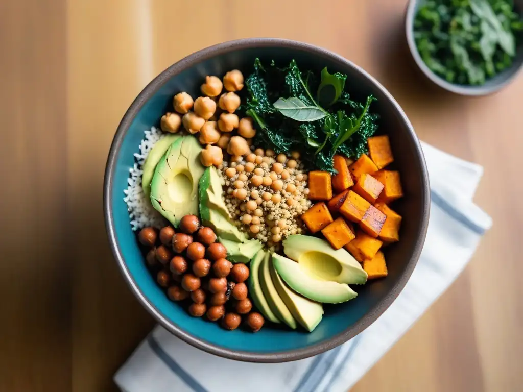 Un bowl vibrante con ingredientes coloridos como quinoa, aguacate, boniato y semillas, ideal para meriendas veganas altas en proteína