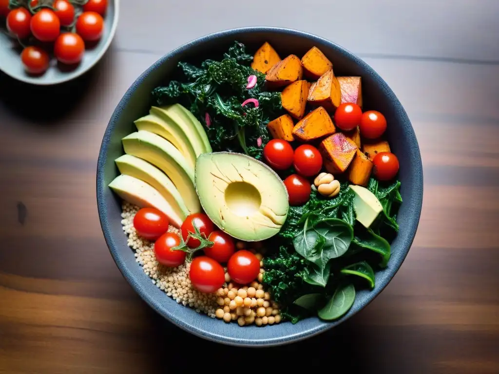 Un bowl vibrante de recetas veganas sin aceite energéticas con vegetales frescos y coloridos en una mesa de madera