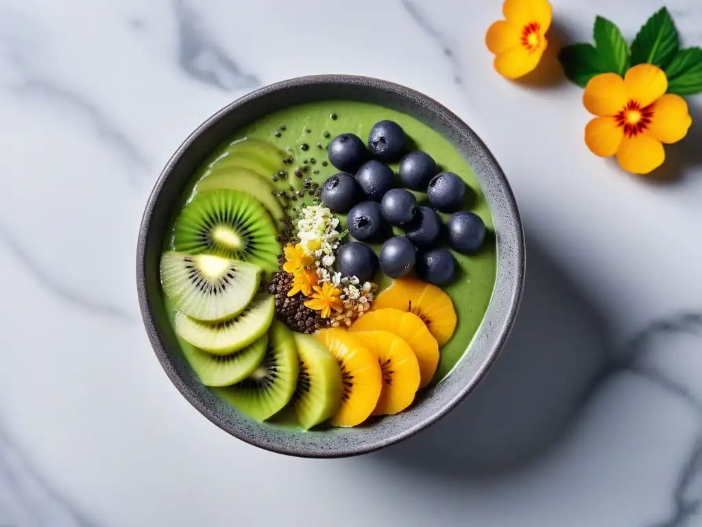 Un bowl vibrante de smoothie verde con kiwi, espirulina, semillas de chía y flores comestibles sobre una encimera de mármol