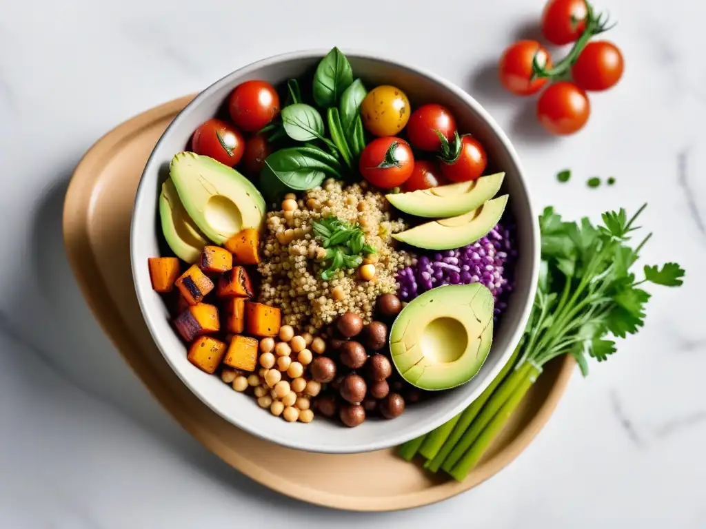 Un bowl vibrante con vegetales frescos y coloridos, ideal para recetas veganas saludables rápidas día