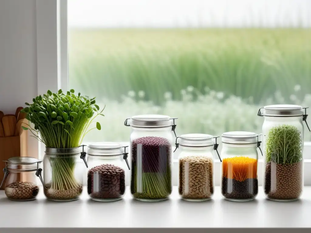 Cultivar brotes y germinados en casa: Vista detallada de tarros de vidrio con semillas y brotes en una cocina moderna y luminosa