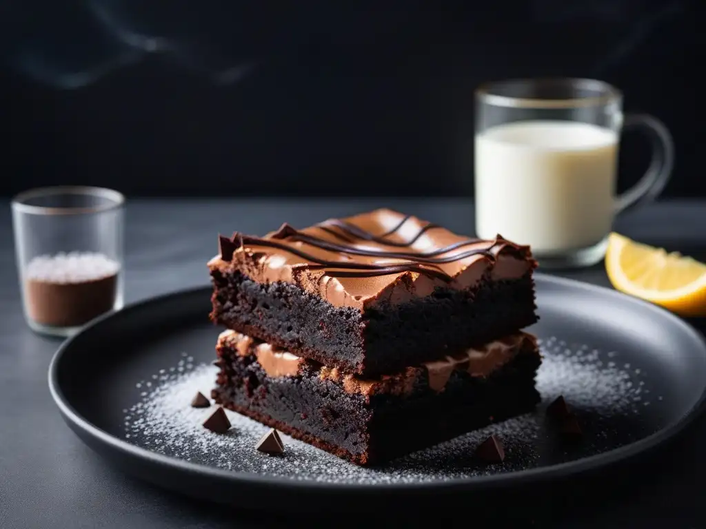 Brownie vegano decadente con sal marina y chocolate oscuro, en plato negro sobre decoración moderna