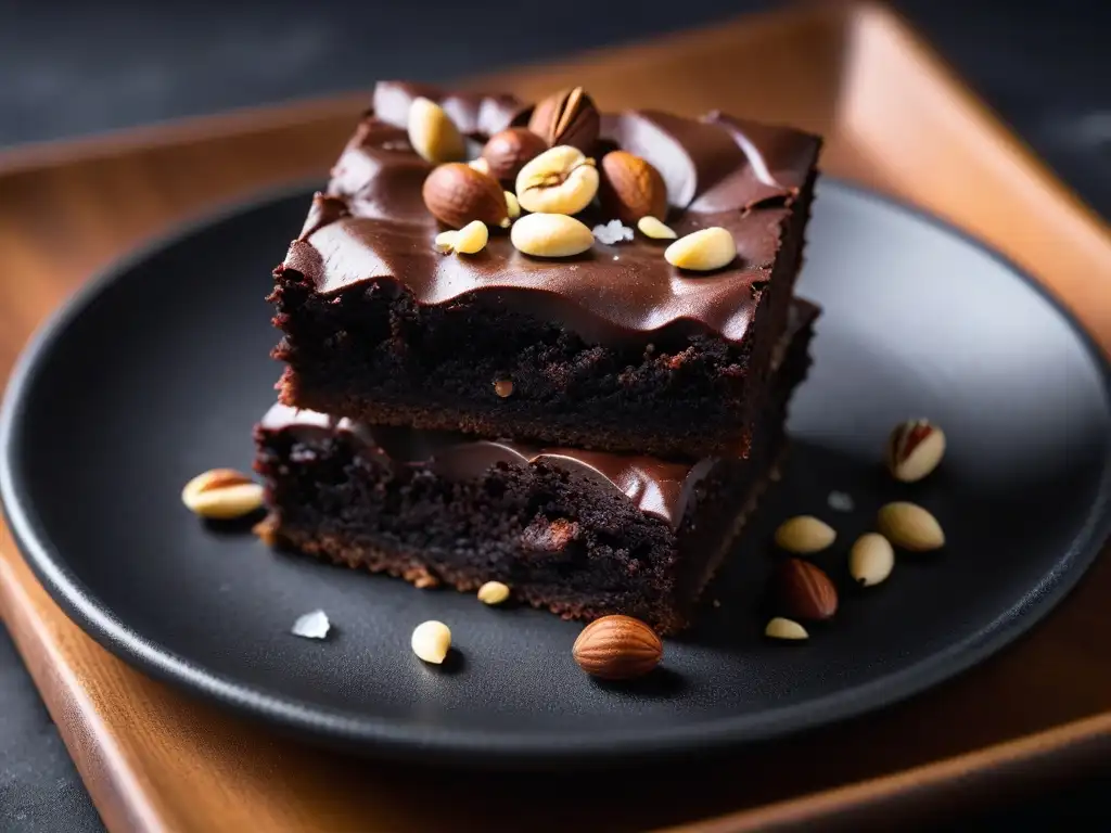 Un brownie vegano delicioso, con textura fudgy y topping de sal marina, nueces y ganache de chocolate oscuro, en plato negro moderno