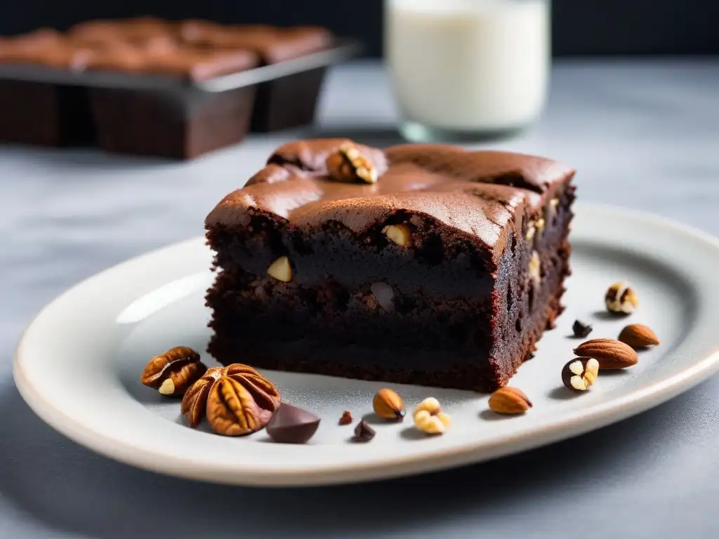 Un brownie vegano sin gluten delicioso, con trozos de nueces y sal marina, en un elegante plato minimalista