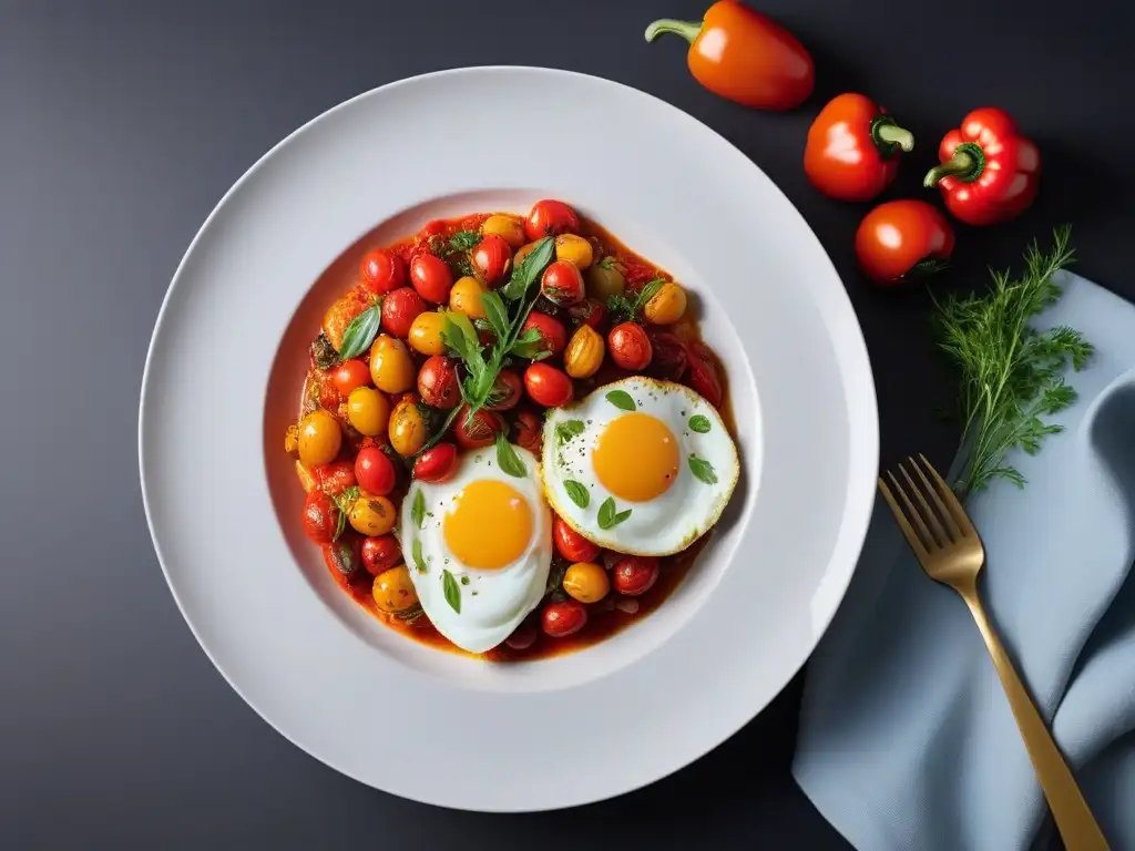 Un brunch gourmet vegano con shakshuka, bellamente presentado en un plato cerámico moderno